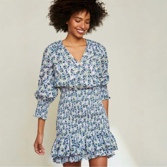 Veronica Beard Darrah Smocked Dress‎ Size 0 Floral Minidress V-Neck Ruffle Hem - Picture 3 of 14